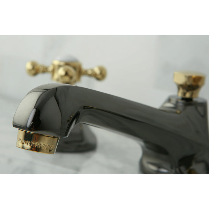 Kingston Tulare NS4469BX - Water Onyx Two-Handle 3-Hole Deck Mount Widespread Bathroom Faucet with Brass Pop-Up, Black Stainless Steel/Polished Brass