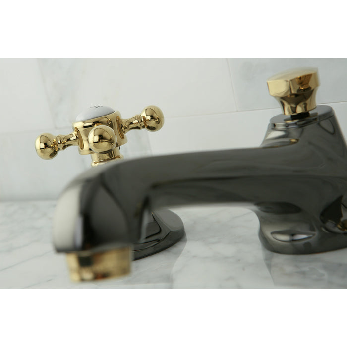Kingston Tulare NS4469BX - Water Onyx Two-Handle 3-Hole Deck Mount Widespread Bathroom Faucet with Brass Pop-Up, Black Stainless Steel/Polished Brass