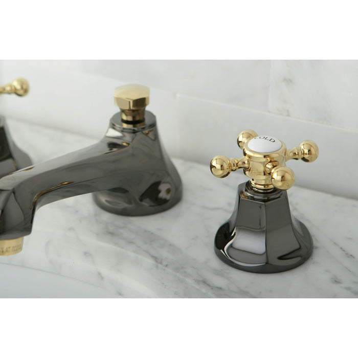 Kingston Tulare NS4469BX - Water Onyx Two-Handle 3-Hole Deck Mount Widespread Bathroom Faucet with Brass Pop-Up, Black Stainless Steel/Polished Brass