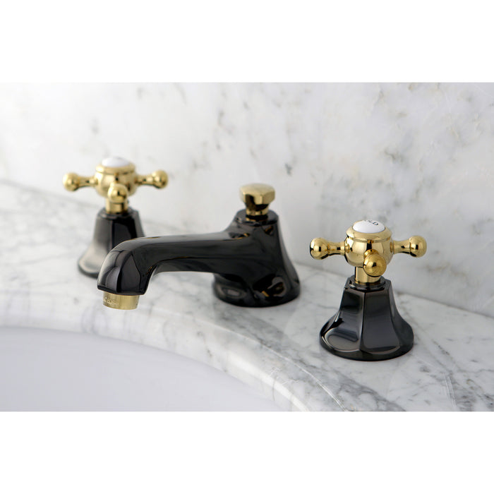 Kingston Tulare NS4469BX - Water Onyx Two-Handle 3-Hole Deck Mount Widespread Bathroom Faucet with Brass Pop-Up, Black Stainless Steel/Polished Brass