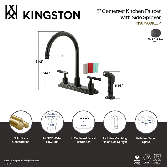 Kingston Sona NS8790DKLSP - Water Onyx Two-Handle 4-Hole 8" Centerset Kitchen Faucet with Side Sprayer, Black Stainless Steel