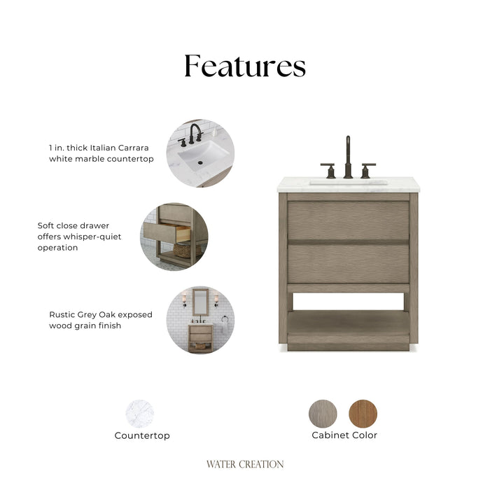 Kingston Oakman OA30CW00GK - 30 in. x 22 in. Bathroom Vanity Marble Top and White Basin, Grey Oak