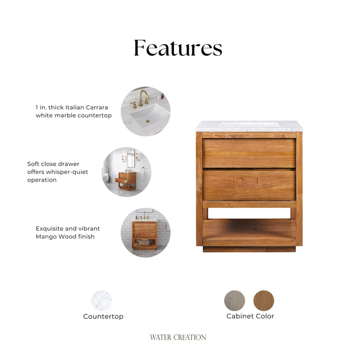 Kingston Oakman OA30CW00MW - 30 in. x 22 in. Bathroom Vanity Single Sink with White Marble Top and White Basin, Mango Wood