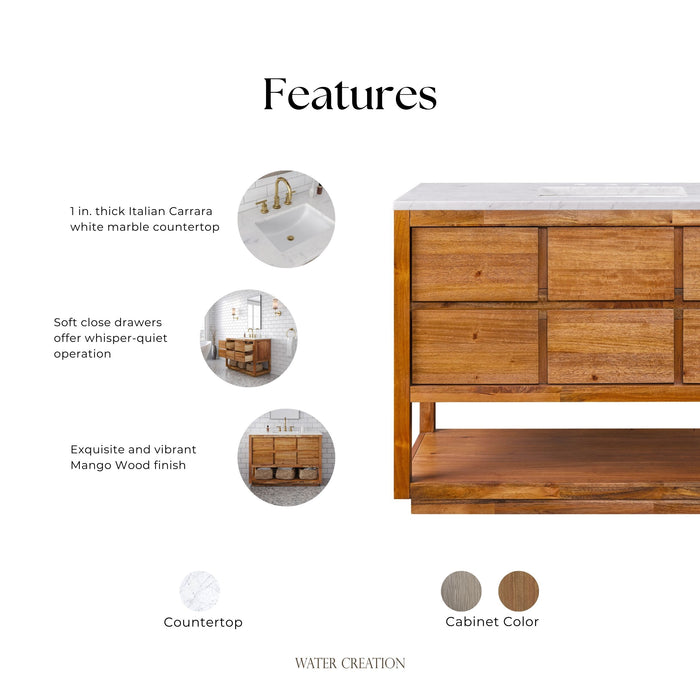 Kingston Oakman OA48CW00MW - 48 in. x 22 in. Bathroom Vanity Single Sink with White Marble Top and White Basin, Mango Wood