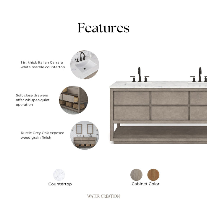 Kingston Oakman OA72CW00GK - 72 in. x 22 in. Bathroom Vanity Marble Top and White Basin, Grey Oak