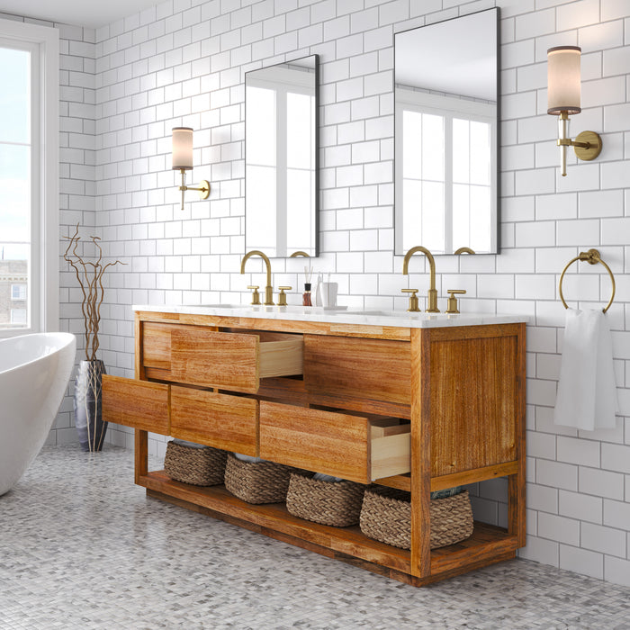 Kingston Oakman OA72CW00MW - 72 in. x 22 in. Bathroom Vanity Double Sink with White Marble Top and White Basin, Mango Wood