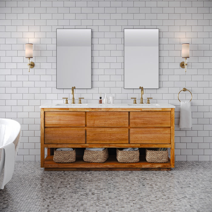 Kingston Oakman OA72CW00MW - 72 in. x 22 in. Bathroom Vanity Double Sink with White Marble Top and White Basin, Mango Wood