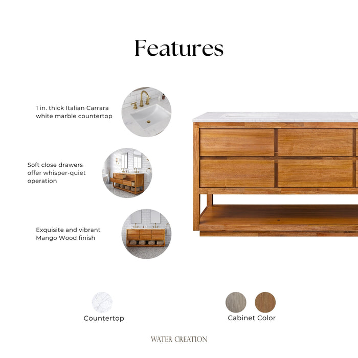 Kingston Oakman OA72CW00MW - 72 in. x 22 in. Bathroom Vanity Double Sink with White Marble Top and White Basin, Mango Wood