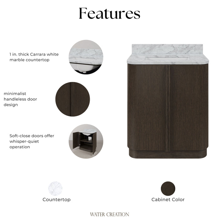 Kingston Oxford OX30CW00CO - 30 in. x 22 in. Bathroom Vanity Single Sink Freestanding with Carrara White Marble Top, Charcoal Oak