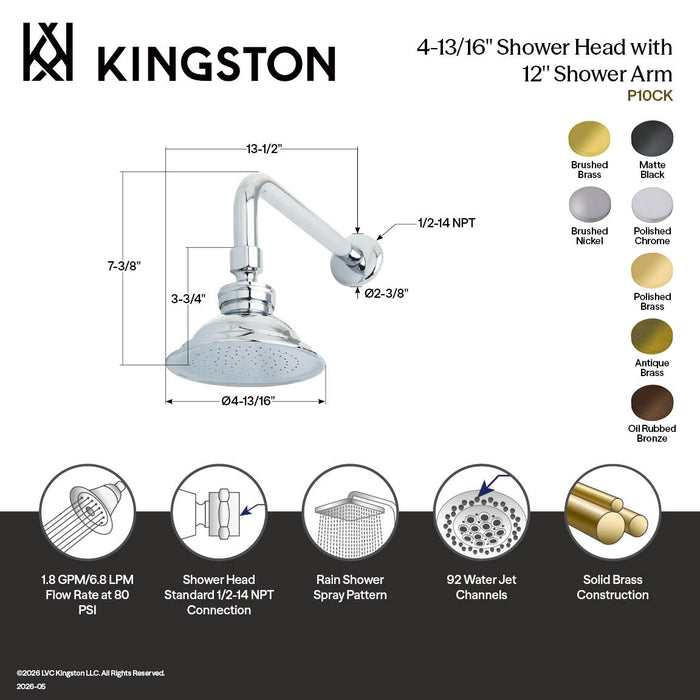 Kingston Heirloom P10SBCK - Victorian 4-13/16-Inch Round Raindrop Brass Shower Head with 12-Inch Shower Arm Combo, Brushed Brass