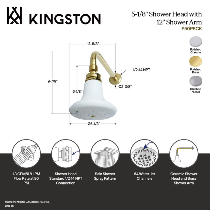 Kingston Heirloom P50CK - Victorian 5-1/8-Inch Round Raindrop Ceramic Shower Head with 12-Inch Shower Arm Combo, Polished Chrome