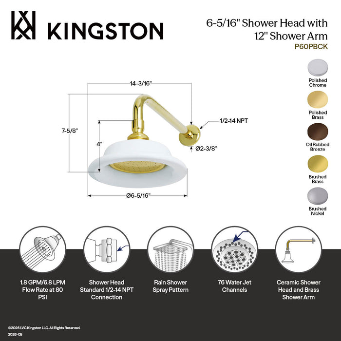 Kingston Heirloom P60SNCK - Victorian 6-5/16-Inch Sunflower Raindrop Ceramic Shower Head with 12-Inch Shower Arm, Brushed Nickel