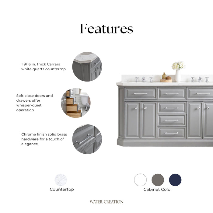 Kingston Palace PA60QZ01CG - 60 in. x 22 in. Bathroom Vanity Quartz Top and White Basin, Cashmere Grey
