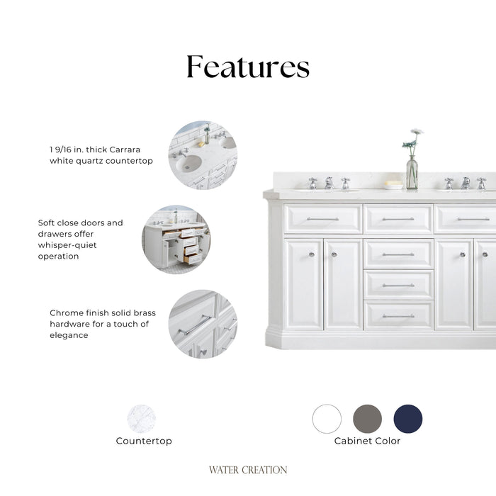 Kingston Palace PA60QZ01PW - 60 in. x 22 in. Bathroom Vanity Quartz Top and White Basin, Pure White