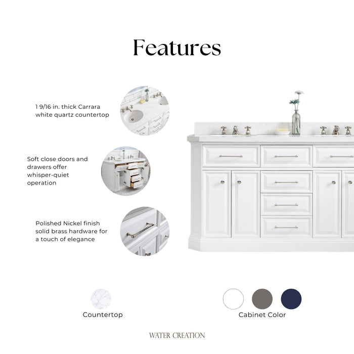 Kingston Palace PA60QZ05PW - 60 in. x 22 in. Bathroom Vanity Quartz Top and White Basin, Pure White