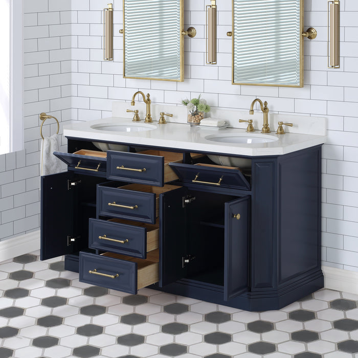 Kingston Palace PA60QZ06MB - 60 in. x 22 in. Bathroom Vanity Quartz Top and White Basins, Monarch Blue