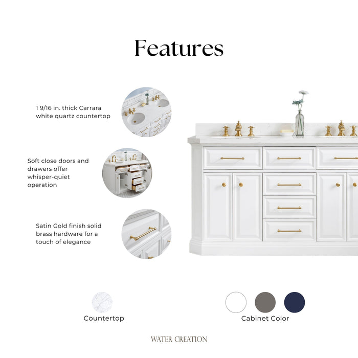 Kingston Palace PA60QZ06PW - 60 in. x 22 in. Bathroom Vanity Quartz Top and White Basin, Pure White