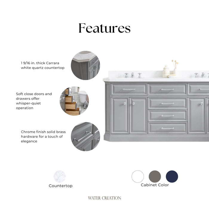 Kingston Palace PA72QZ01CG - 72 in. x 22 in. Bathroom Vanity Quartz Top and White Basin, Cashmere Grey