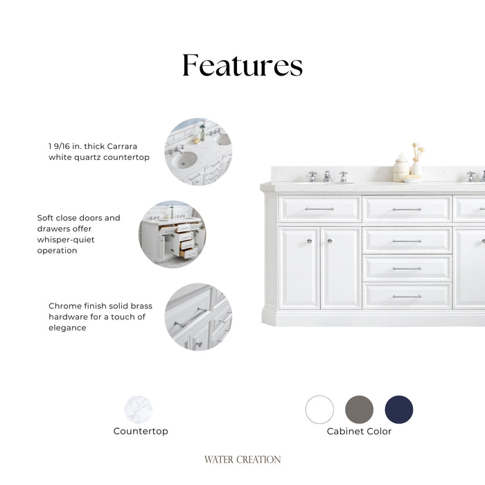 Kingston Palace PA72QZ01PW - 72 in. x 22 in. Bathroom Vanity Quartz Top and White Basin, Pure White