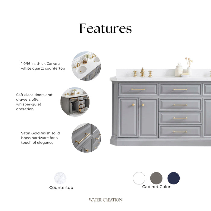 Kingston Palace PA72QZ06CG - 72 in. x 22 in. Bathroom Vanity Quartz Top and White Basin, Cashmere Grey