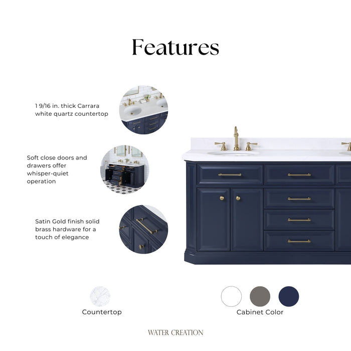 Kingston Palace PA72QZ06MB - 72 in. x 22 in. Bathroom Vanity Quartz Top and White Basins, Monarch Blue