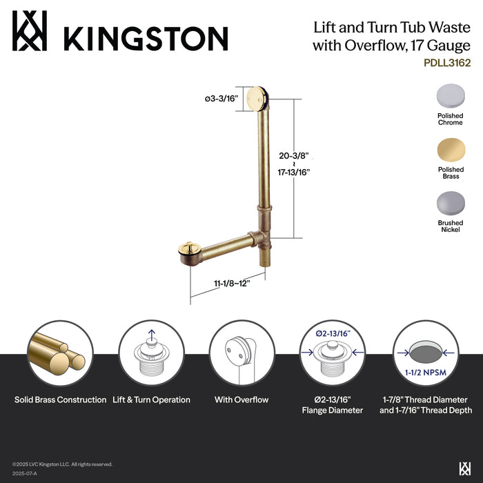 Made To Match PDLL3168 21-Inch Brass Lift and Turn Tub Waste and Overflow, Brushed Nickel