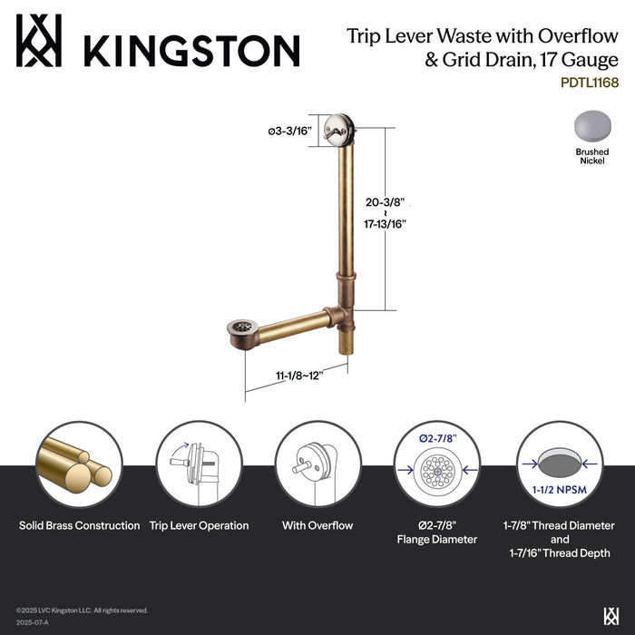 Made To Match PDTL1168 21-Inch Brass Trip Lever Tub Waste and Overflow with Grid Strainer, Brushed Nickel
