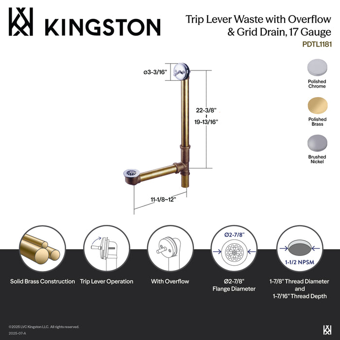 Kingston Made To Match PDTL1182 23-Inch Brass Trip Lever Tub Waste and Overflow with Grid Strainer, Polished Brass