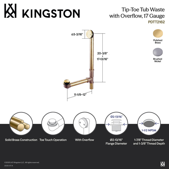 Kingston Made To Match PDTT2162 21-Inch Brass Toe Touch Tub Waste and Overflow, Polished Brass