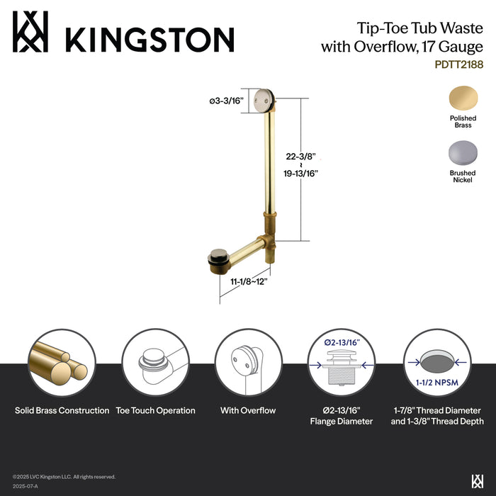 Made To Match PDTT2188 23-Inch Brass Toe Touch Tub Waste and Overflow, Brushed Nickel