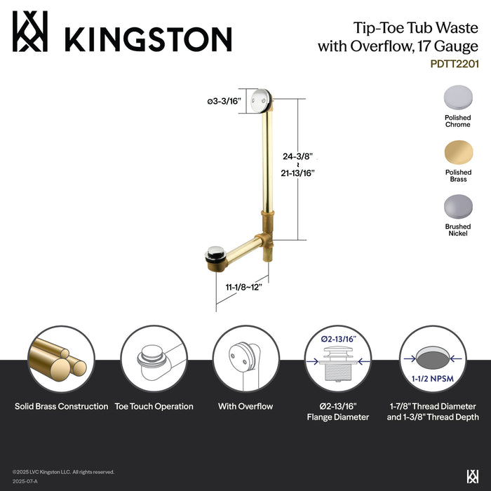Kingston Made To Match PDTT2202 25-Inch Brass Toe Touch Tub Waste and Overflow, Polished Brass
