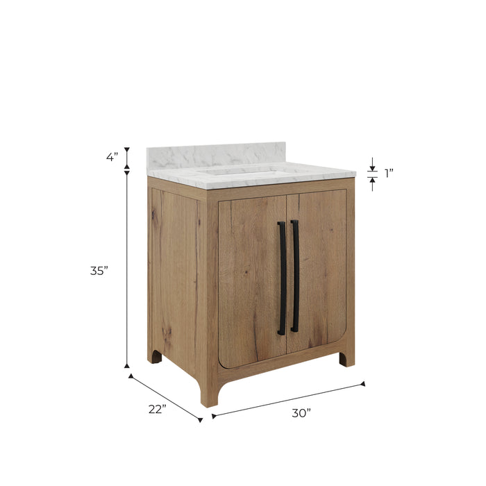 Kingston Perris PE30EM07WO - 30 in. x 22 in. Bathroom Vanity Single Sink with Carrara White Engineered Stone Top, Weathered Oak