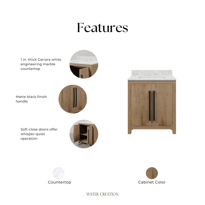 Kingston Perris PE30EM07WO - 30 in. x 22 in. Bathroom Vanity Single Sink with Carrara White Engineered Stone Top, Weathered Oak