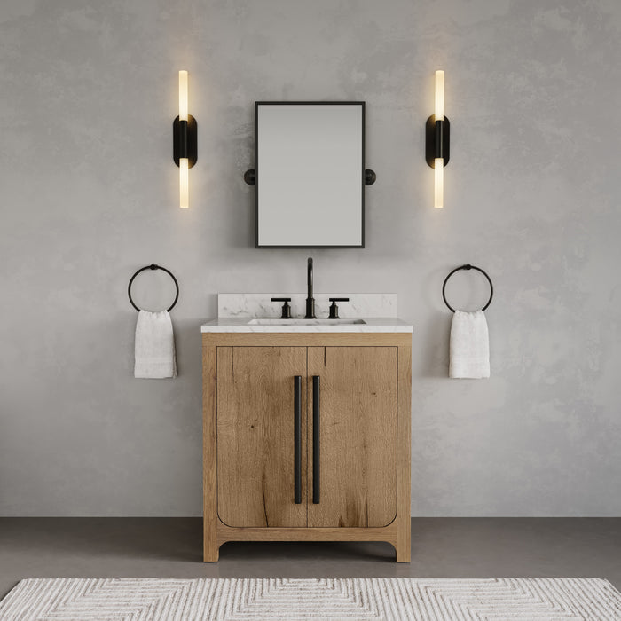 Kingston Perris PE30EM07WO - 30 in. x 22 in. Bathroom Vanity Single Sink with Carrara White Engineered Stone Top, Weathered Oak