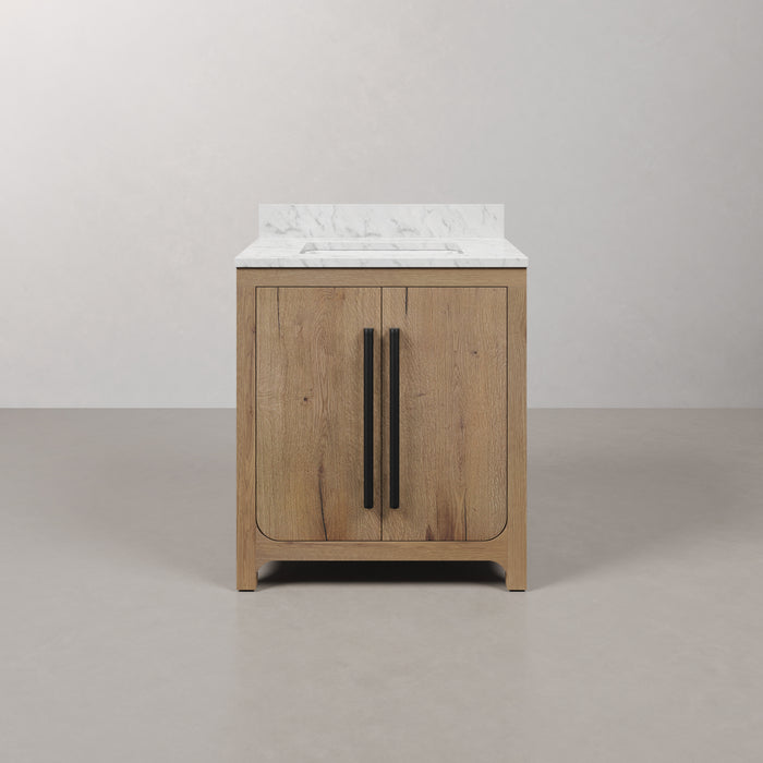 Kingston Perris PE30EM07WO - 30 in. x 22 in. Bathroom Vanity Single Sink with Carrara White Engineered Stone Top, Weathered Oak