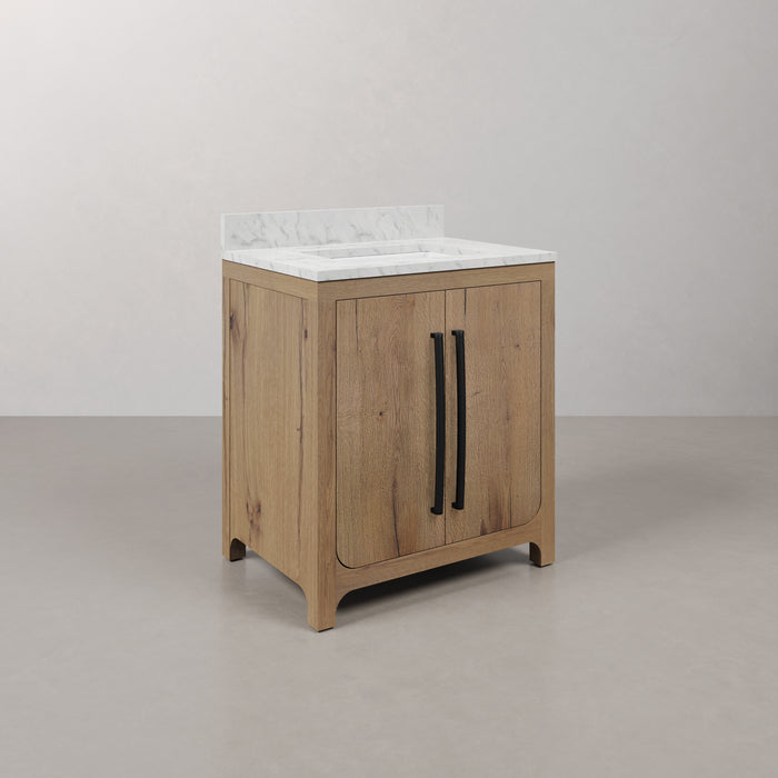 Kingston Perris PE30EM07WO - 30 in. x 22 in. Bathroom Vanity Single Sink with Carrara White Engineered Stone Top, Weathered Oak