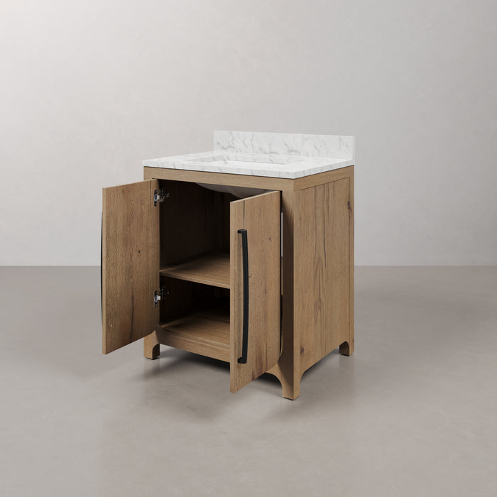 Kingston Perris PE30EM07WO - 30 in. x 22 in. Bathroom Vanity Single Sink with Carrara White Engineered Stone Top, Weathered Oak