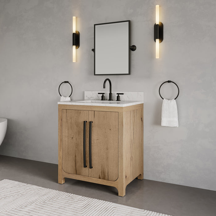 Kingston Perris PE30EM07WO - 30 in. x 22 in. Bathroom Vanity Single Sink with Carrara White Engineered Stone Top, Weathered Oak