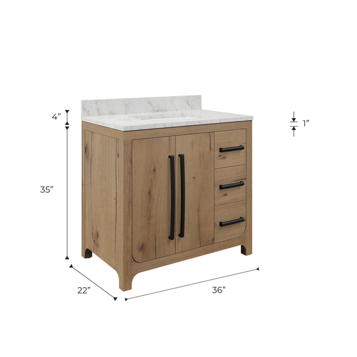 Kingston Perris PE36EM07WO - 36 in. x 22 in. Bathroom Vanity Single Sink with Carrara White Engineered Stone Top, Weathered Oak