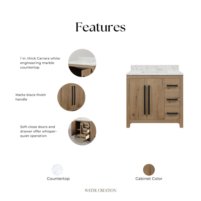 Kingston Perris PE36EM07WO - 36 in. x 22 in. Bathroom Vanity Single Sink with Carrara White Engineered Stone Top, Weathered Oak