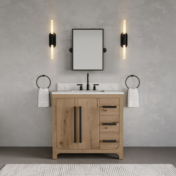 Kingston Perris PE36EM07WO - 36 in. x 22 in. Bathroom Vanity Single Sink with Carrara White Engineered Stone Top, Weathered Oak