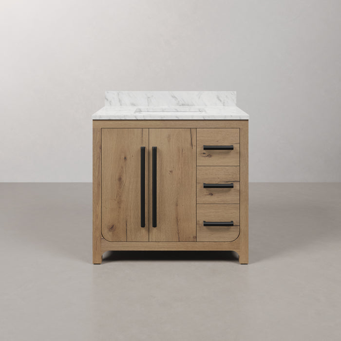 Kingston Perris PE36EM07WO - 36 in. x 22 in. Bathroom Vanity Single Sink with Carrara White Engineered Stone Top, Weathered Oak