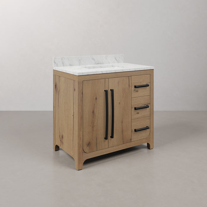 Kingston Perris PE36EM07WO - 36 in. x 22 in. Bathroom Vanity Single Sink with Carrara White Engineered Stone Top, Weathered Oak