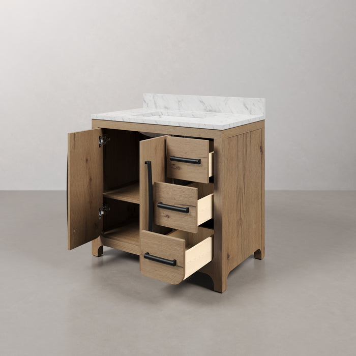 Kingston Perris PE36EM07WO - 36 in. x 22 in. Bathroom Vanity Single Sink with Carrara White Engineered Stone Top, Weathered Oak