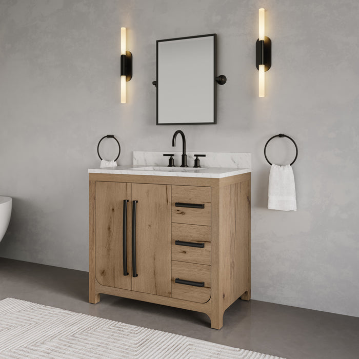 Kingston Perris PE36EM07WO - 36 in. x 22 in. Bathroom Vanity Single Sink with Carrara White Engineered Stone Top, Weathered Oak