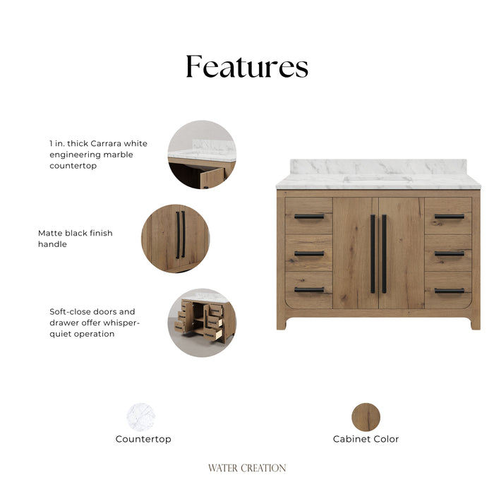 Kingston Perris PE48EM07WO - 48 in. x 22 in. Bathroom Vanity Single Sink with Carrara White Engineered Stone Top, Weathered Oak