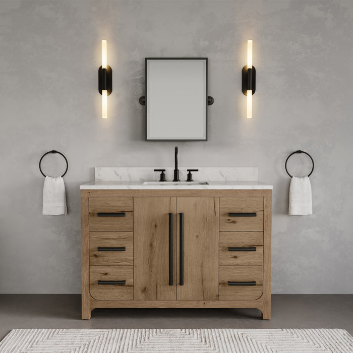 Kingston Perris PE48EM07WO - 48 in. x 22 in. Bathroom Vanity Single Sink with Carrara White Engineered Stone Top, Weathered Oak