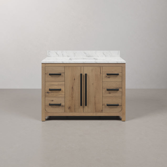 Kingston Perris PE48EM07WO - 48 in. x 22 in. Bathroom Vanity Single Sink with Carrara White Engineered Stone Top, Weathered Oak