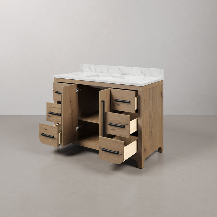 Kingston Perris PE48EM07WO - 48 in. x 22 in. Bathroom Vanity Single Sink with Carrara White Engineered Stone Top, Weathered Oak