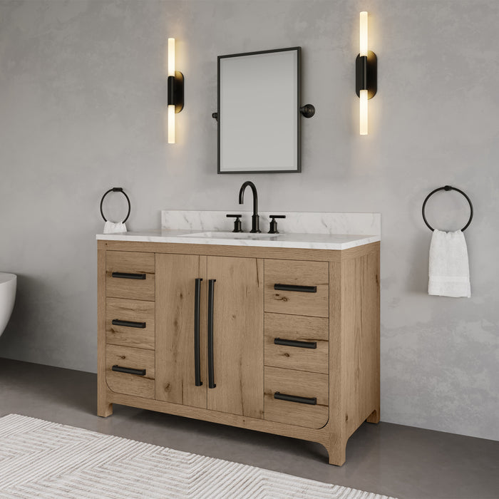 Kingston Perris PE48EM07WO - 48 in. x 22 in. Bathroom Vanity Single Sink with Carrara White Engineered Stone Top, Weathered Oak